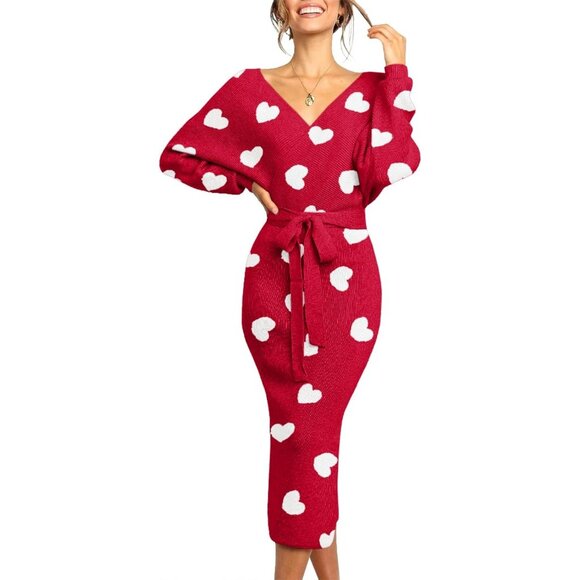 Dresses & Skirts - Women's Sweater Dress Wrap Batwing V Neck Slit Bodycon Dress Valentine Red